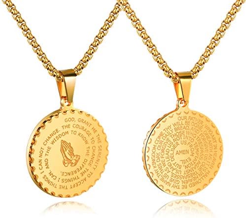 Rehoboth Stainless Steel Coin Medal Our Father Lord's Prayer Cross Pendant Necklace for Women Men Prayer Hands Coin Medal Pendant 24
