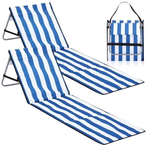 DoubleFill 2 Pcs Portable Beach Lounge Chairs Lightweight Beach Lounger for Adults Foldable Chair with Adjustable Backrest and Zipper Pocket Soft Mat Chair for Travel Tanning Sunbathing by DoubleFill - Used condition - US$35.66