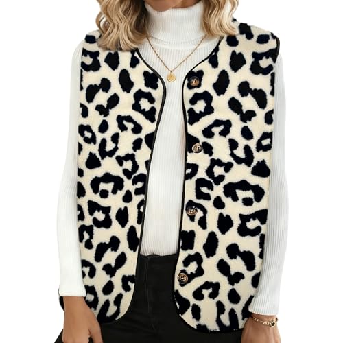 YMIFEEY Fleece Weste Damen Ärmellos Leopard Weste Leo Fleeceweste Fellweste Elegant Kuschelweste Übergangsjacke Teddywesten Herbstjacke Fleecejacke Herbst Winter Outdoor Oberteil (M, leopard)