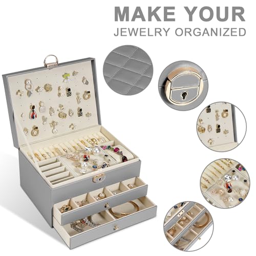 Unimoly 3-Layer Jewelry Box for Women, Earing Holder & Storage, Removable Tray, Vintage Quilted Top, Gray Gifts