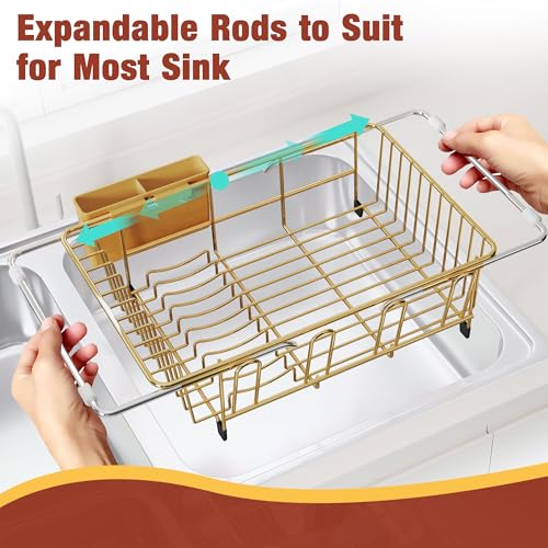 Image of JASIWAY Gold Dish Drying Rack in Sink, Dish Drainer with Utensil Holder