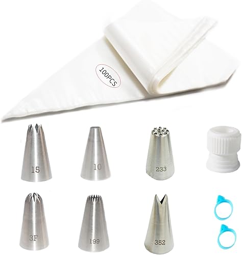 Juego de 109 bolsas de pastelería y puntas, kit de decoración de pasteles con 100 bolsas de glaseado desechables, 6 puntas diferentes de bolsas de