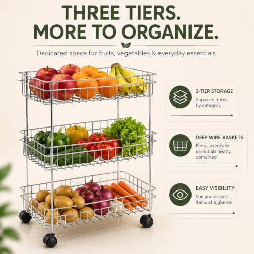 Image of TUNIS 3 Tier Stainless Steel Wire Storage Basket Trolley |Fruit & Vegetable Trolley with 360 Moving Wheels| Rack for Kitchen, Fruits, Vegetables & Grocery Storage, Movable Organizer Cart