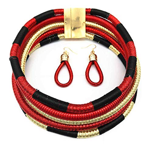 Fstrend African Multistrand Choker Earrings Set Green Rope Weave Statement Chunky Woven Necklace Costume Party Jewelry Accessories for Women and Girls (Red)