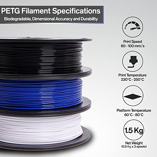 3DF 3D Printing Filament – PETG Filament 1.75mm | Dimensional Accuracy +/- 0.02mm | 1.5kg (0.5kg per Spool) | Pack of 3 | Blue Black White Bundle