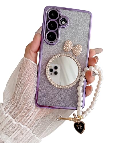 BOUNCE BACK Soft Electroplated Bling Jewel Glitter Plating Mirror Case for Girls Women with Pearl Chain Bracelet Cover Back Case/Cover for Samsung Galaxy S26 Plus - (Purple)