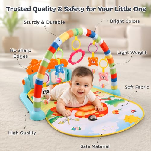 Image of Kidsmate Little Explorer Play Gym Mat for Babies 0 to 12 Months, Kick and Play Piano Baby Gym, 4 Hanging Rattles & Mirror, Tummy Time Activity Play Mat, Newborn Toys Gift for Baby Boys and Girls