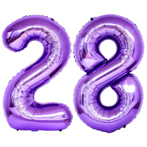 Image of Number 28 Purple Balloons 40 Inch Giant Purple Foil 28 Helium Balloons for 28th Purple Birthday Party Supplies 28th Anniversary Events Decorations