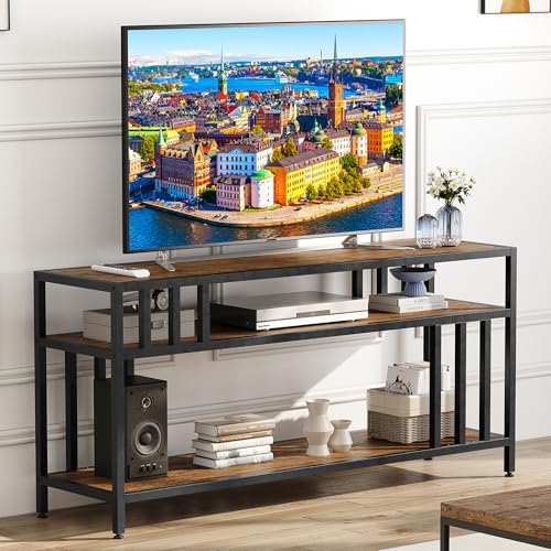GarveeHome 58 in TV Stand for TV up to 65 in, Entertainment Center with Open Storage Shelves, TV Media Console Table with Quadruple-Tube Support for L