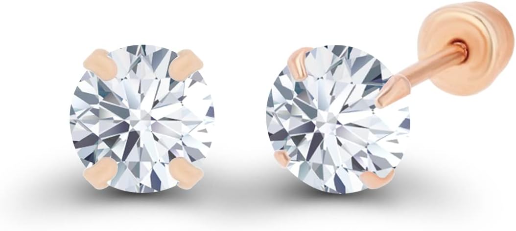 Solid 14k Yellow Gold Hypoallergenic AAA Cubic Zirconia Solitaire Screw Back Stud Earrings Secure Screw On Backs, 3mm-7mm