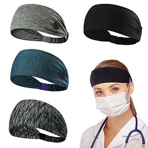 4pcs Headbands with Button for Face Covering, Non Slip Elastic Hair Bands for Yoga Sports Running Ear Protection- 4 Colors Thick Headbands for Women Man Nurse Doctors Accessories & Gifts (Dark)