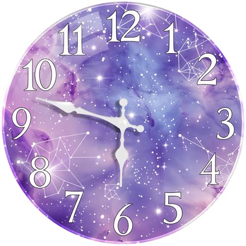 Britimes Round Purple Wall Clock Silent Non-Ticking Battery Operated Glass Decorative Outdoor Waterproof Clock 12 Inch, Galaxy Constellation Home Decor for Living Room, Kitchen, Bathroom, and Bedroom