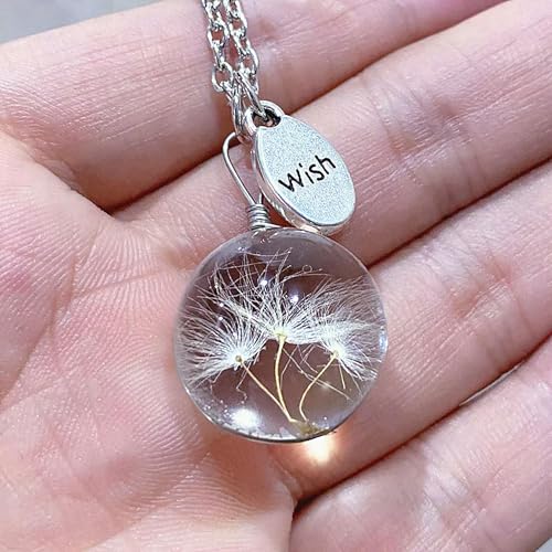 Collar de Diente de león con Flor Seca y Colgante Transparente de Deseos