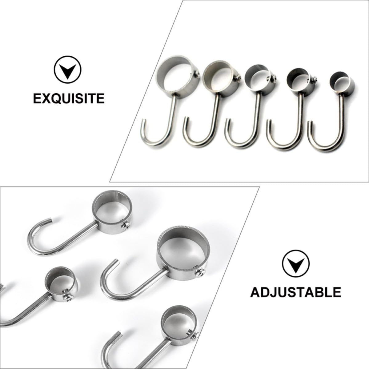 Crochets Tubulaires Légers et Réglables en Acier Inoxydable Lot de 10 Argenté pour Tringle à Rideaux et Rangement Pratique à Domicile