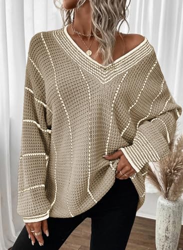 Image of Dokotoo Womens Oversized Striped Tunic Sweaters Casual V Neck Long Sleeve Color Block Knit Pullover Jumper Tops