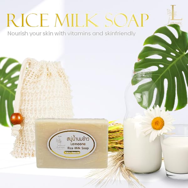 Miniatura 9 de Jabón de leche de arroz a base de hierbas + bolsa exfoliante natural, espuma suave, jabón orgánico hidratante, barra de jabón de colágeno glicerina