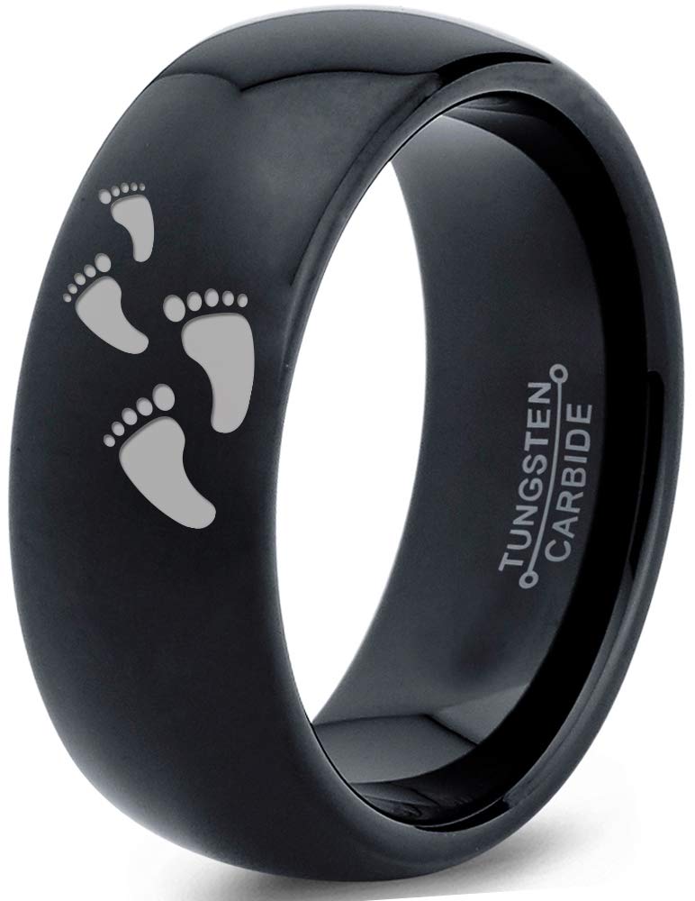 Walking Trail Human Footprints Ring - Tungsten Band 8mm - Men - Women - 18k Rose Gold Step Bevel Edge - Yellow - Grey - Blue - Black - Brushed - Polished - Wedding - Gift Dome Flat Black Dome Polish Tungsten 10