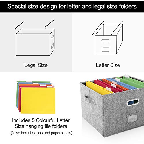 Decosis File Storage Organizer Box with Lid for Office, Collapsible Linen Organization with Hanging Folder for Home, Document Storage with Handles for School, Grey