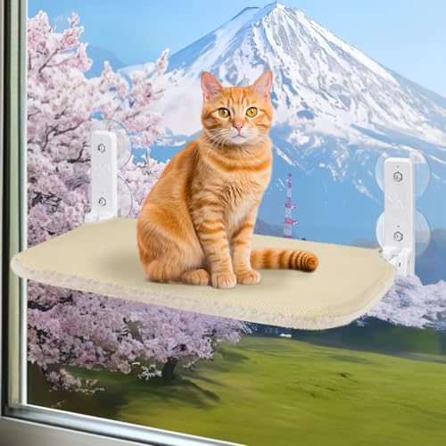 【Amazon.co.jp限定】猫 窓用ハンモック 強力吸盤式 大型 折畳み 組み立て簡単 猫窓ベッド 猫 ハンモック 耐荷重25kg 通気メッシュ 夏冬両用 洗濯できる ストレス解消 日光浴 ウィンドウベッド 窓際見晴らし台 キャットハンモック キャットマット 日本語説明書付き 365日間保証 30＊52cm（ベージュ）