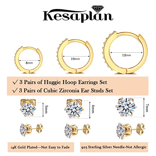 KesaPlan Huggie Hoop and Stud Earrings Set 14K Gold Plated 925 Sterling Silver Post Cartilage Piercing Earrings Gold Stud Earrings Set Women/Men2