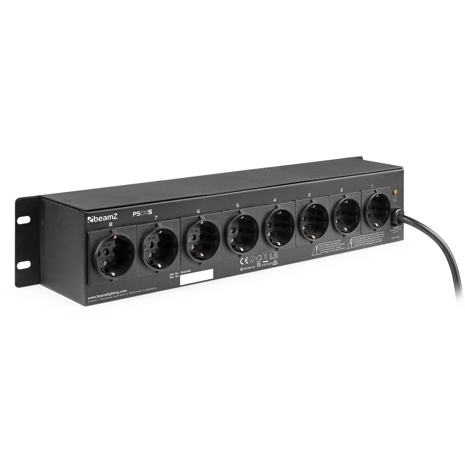 BeamZ PS08S - Dispatching Sono Répartiteur 8 Prises Schuko, avec Interrupteurs Éclairés, Montage Rack 19'', Disjoncteur 15A, Idéal pour le Contrôle des Soirées/Évènements