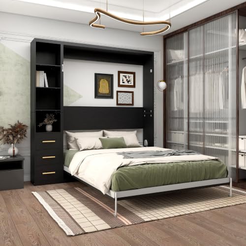 Image of KEIKI Queen Size Vertical Cabinet Murphy Bed with 1 Side Cabinet, Black