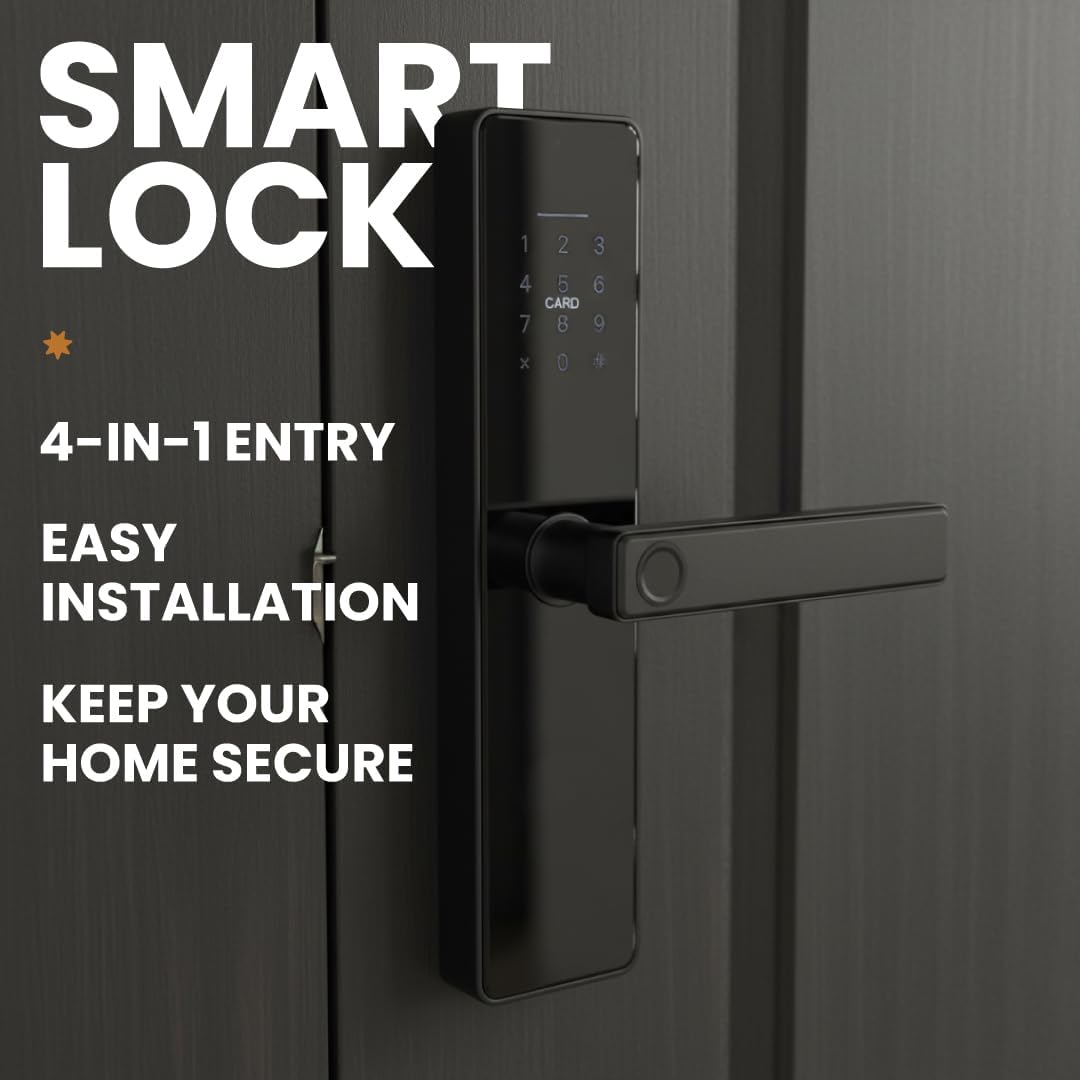 Stilaris Slim Smart Lock with Handle – 4-in-1 Biometric Fingerprint Door Lock, Thin Profile Mortise-Style Keyless Entry for Home, Office & Patio Doors, Waterproof Electronic Keypad & IC Card Access