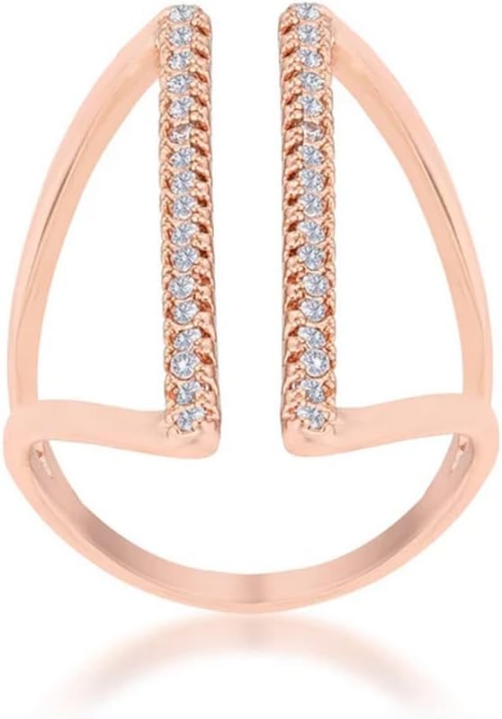 Unique Modern Open Parallel Cocktail Statement Ring, Pave Cubic Zirconia CZ Accents, Rose Gold Plating - Image 2
