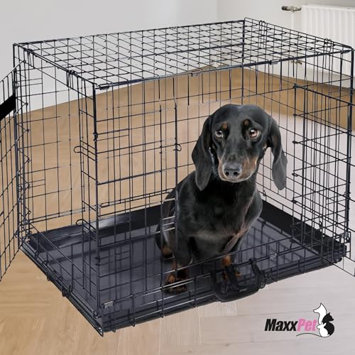 MaxxPet Hundebox Faltbar - Hundekäfig für Zuhause - 2 Türen - Hundetransportbox - Gitterbox Hund - Transportbox Hund & Katze - Faltbarer Schwarzer Metall - 78x48x56 cm - Schwarz