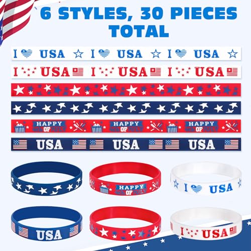 4th of July Party Favors Rubber Bracelets 30PCS USA American Flag Red White and Blue Silicone Wristbands for Kids Independence Day Party Fourth of July Patriotic Classroom Prizes Gifts Accessories - Image 5