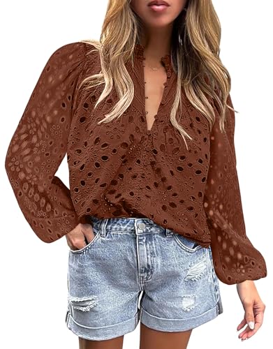 BETTE BOUTIK Women's Long Short Sleeve Tops 2025 Dressy Casual Button Hollow Out Lace Embroidered Blouses Shirts
