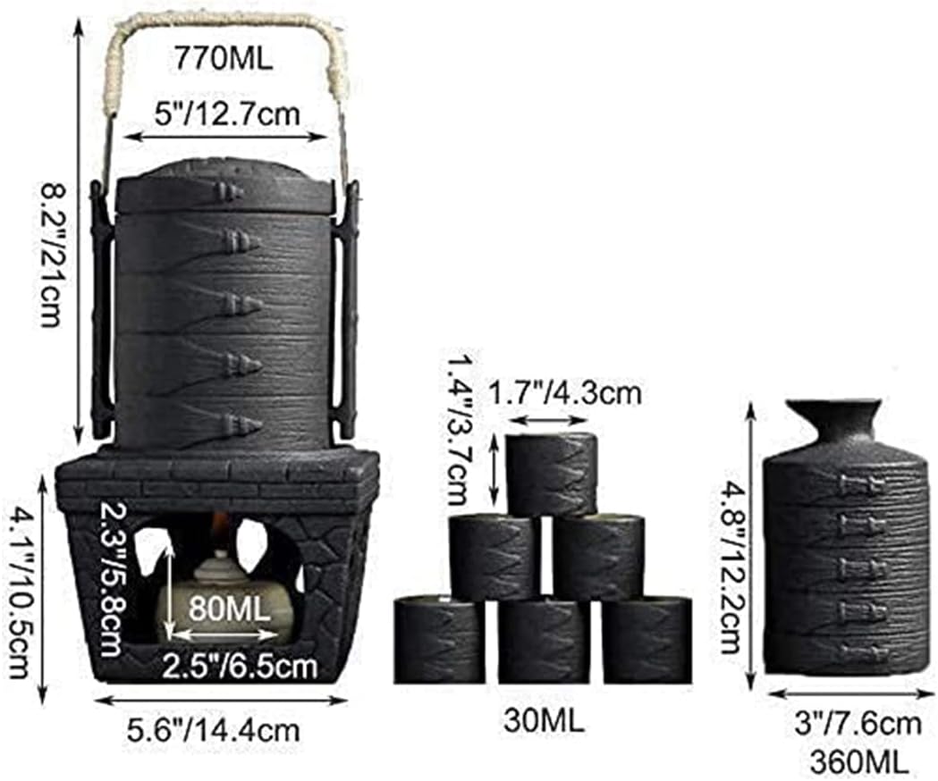 9-Piece Japanese Sake Set, Japanese Ceramic Black Glaze Sake Set with Warmer Pot and Heating Stove, for Cold/Warm/Shochu/Tea