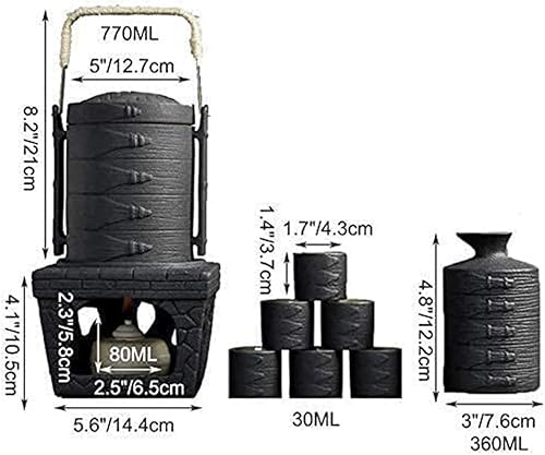 Miniatura 2 de Juego de sake japonés de 9 piezas, juego de sake japonés de cerámica negra con olla calentadora y estufa de calefacción, para fríocalienteshochuté