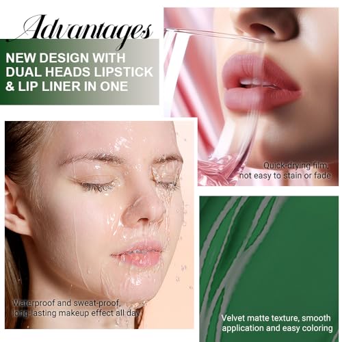 Image of evpct 1Pcs Shimmer Green Matte Lip Liner & Liquid Lipstick Stain Makeup Set for Women, Green Lip Liner Stain Long Lasting Waterproof Smudge Proof, Cruelty Free Lip Stick Makeup 24 hours originales, 47