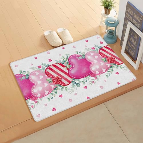 Pink Valentines Love Kitchen Bath Door Mat Cushioned Runner Rug,Washable Welcome Floor Sink Antifatigue Mat,Waterproof & Non-Slip Comfort Standing Doormat,Valentine Eucalyptus Rose Flower 18