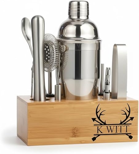 Juego de coctelera personalizada con soporte, kit de camarero grabado con jigger, colador, cuchara y vertedor, regalo de mezclología de barra