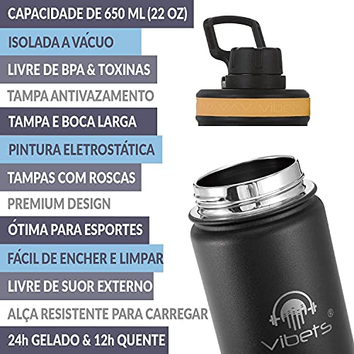 Garrafa Térmica Vibets Isolada A Vácuo 650ml Preta/Laranja