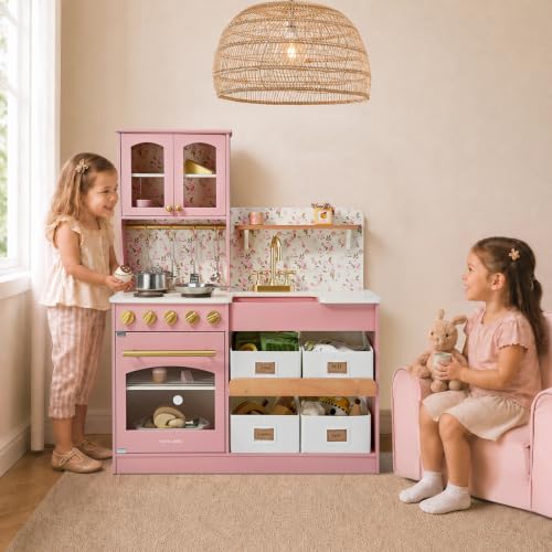 Image of Tiny Land Wooden Play Kitchen for Kids with Toy Storage for Pretend Play