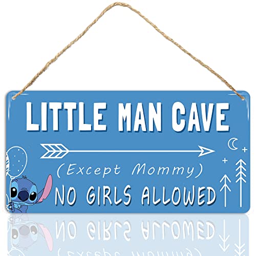 Image of Baby Boy Nursery Room Decor For Boys Kids Bedroom Door Signs Blue Toddler Room Stitch Wall Decor Cute Little Man Cave Wooden Sign No Girls Allowed Signs 12 X 6 Inch