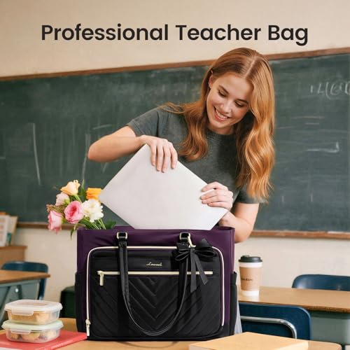 Image of LOVEVOOK Laptop Tote Bag for Women, Work Bag Teacher Tote with Large Cup Holder, Quilted Nurse Diaper Bag for Travel, Computer Women's handbags for Teacher gift, Black-Purple, 17.3 Inch