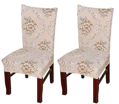 Image of House of Quirk Elastic Chair Cover Stretch Removable Washable Short Dining Chair Cover Protector Seat Slipcover (Pack of 2, Beige Iris)