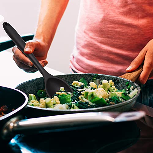 Silicone Cooking Spoons, Heat Resistant Large Silicone Pasta Slotted Spoon Solid Basting Spoon Set For Nonstick Cookware, Bpa Free Black Kitchen Silicone Spoons Set For Mixing, Serving, Draining #TOP5