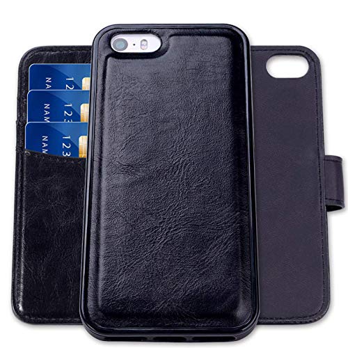 SHANSHUI Wallet Case Compatible with iPhone 5/ 5s/ SE (2016), Magnetic Detachable 2 in 1 PU Leather Flip Case with 3 RFID Card Holders and 1 Cash Pocket with Back Cover -Black