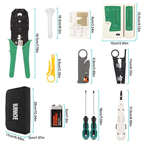 BURNNOVE 18 in 1 Netzwerk Reparaturwerkzeuge Professionell Netzwerk Werkzeug Set LAN Kabel Tester für RJ45, RJ11, RJ12 Netzwerk Kabeltester Kit mit 17 Anschlüssen und 2M Netzwerkkabel