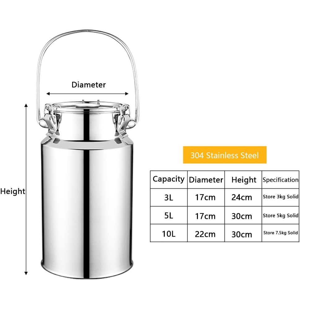Lattiera in acciaio inox resistente con coperchio ermetico e maniglia, capacità 3-10 litri, colore argento. (10L)
