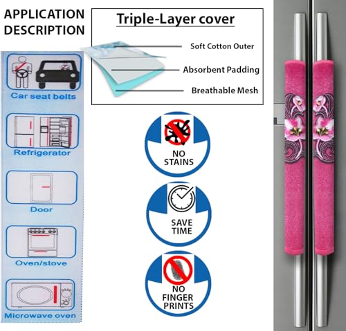 Image of Velvet Multipurpose 11 inchx6 inch 3 Layer Handle Cover for Fridge, Microwave, Oven, Door -Soft & Washable Handle Protector for Single /Double Door Suitable for All Brands-Pink-Pack of 2