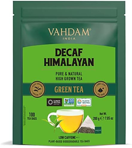 VAHDAM Decaf Himalayan Green Tea Bags (100 Count) Low Caffeine, Non,GMO & Gluten Free, Direct from Himalayas, Resealable Ziplock Pouch