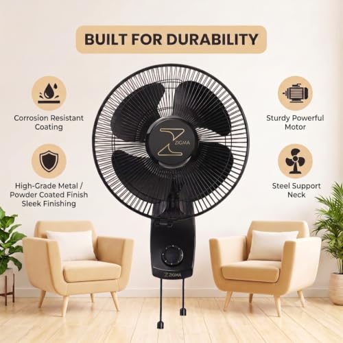 Image of ZIGMA Charm 300 MM High Speed Wall Fan - Powerful Airflow, Sleek Design, Silent Operation, Easy Mount Wall Mounted Fan for Home and Office (Black)