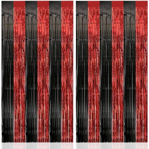 Image of 2 Pack Fringe Curtains Backdrops, Foil Fringe Curtains, Door Streamers for Birthday Wedding Bridal Shower Holiday Graduation Party Decorations Black Red