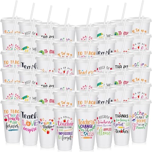 Chuangdi 48 Pcs Back to School Teacher Gift Bulk Inspirational Teachers Appreciation Gifts Bulk for Women from Students, 24 oz Plastic Thank You Teacher Cups Tumblers (White,Mixed)